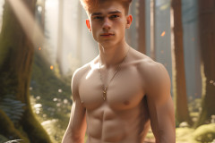 Hot & Sexy Men in the Woods Hiking. A digital art AI generated photograph of a beautiful man,handsome shirtless,and muscular,hiking on a trail in a beautiful forest with large redwood trees.