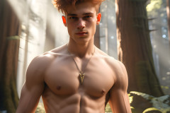 Hot & Sexy Men in the Woods Hiking. A digital art AI generated photograph of a beautiful man,handsome shirtless,and muscular,hiking on a trail in a beautiful forest with large redwood trees.