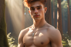 Hot & Sexy Men in the Woods Hiking. A digital art AI generated photograph of a beautiful man,handsome shirtless,and muscular,hiking on a trail in a beautiful forest with large redwood trees.