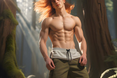 Hot & Sexy Men in the Woods Hiking. A digital art AI generated photograph of a beautiful man,handsome shirtless,and muscular,hiking on a trail in a beautiful forest with large redwood trees.