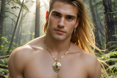 Hot & Sexy Men in the Woods Hiking. A digital art AI generated photograph of a beautiful man,handsome shirtless,and muscular,hiking on a trail in a beautiful forest with large redwood trees.
