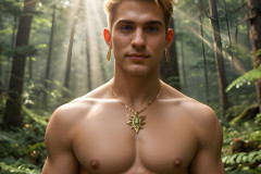 Hot & Sexy Men in the Woods Hiking. A digital art AI generated photograph of a beautiful man,handsome shirtless,and muscular,hiking on a trail in a beautiful forest with large redwood trees.