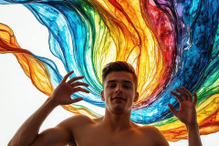 Photos of Sexy Men Playing with Colorful Fluid Art in Motion