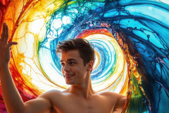 Photos of Sexy Men Playing with Colorful Fluid Art in Motion
