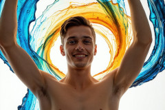 Photos of Sexy Men Playing with Colorful Fluid Art in Motion