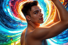 Photos of Sexy Men Playing with Colorful Fluid Art in Motion