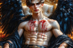 A shirtless vampire male sitting on his Throne.