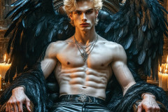 A shirtless vampire male sitting on his Throne.