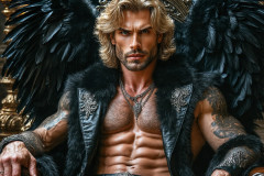 A shirtless vampire male sitting on his Throne.