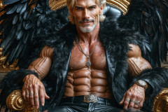 A shirtless vampire male sitting on his Throne.