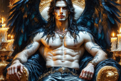 A shirtless vampire male sitting on his Throne.