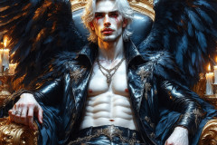 A shirtless vampire male sitting on his Throne.