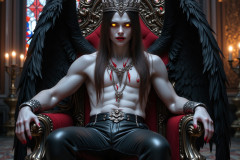 A shirtless vampire male sitting on his Throne.