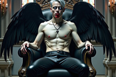 A shirtless vampire male sitting on his Throne.