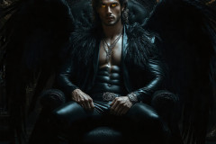 A shirtless vampire male sitting on his Throne.
