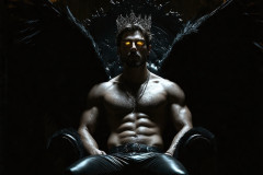 A shirtless vampire male sitting on his Throne.
