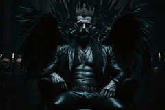 A shirtless vampire male sitting on his Throne.