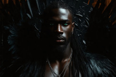 A shirtless vampire male sitting on his Throne.