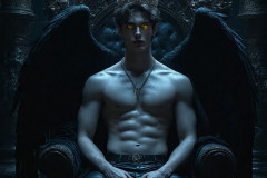 A shirtless vampire male sitting on his Throne.