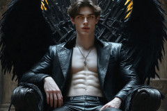A shirtless vampire male sitting on his Throne.