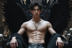 A shirtless vampire male sitting on his Throne.