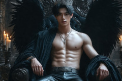 A shirtless vampire male sitting on his Throne.