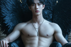 A shirtless vampire male sitting on his Throne.