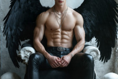 A shirtless vampire male sitting on his Throne.