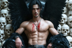 A shirtless vampire male sitting on his Throne.