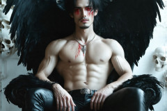 A shirtless vampire male sitting on his Throne.