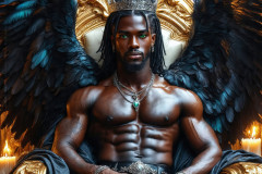 A shirtless vampire male sitting on his Throne.