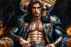 A shirtless vampire male sitting on his Throne.