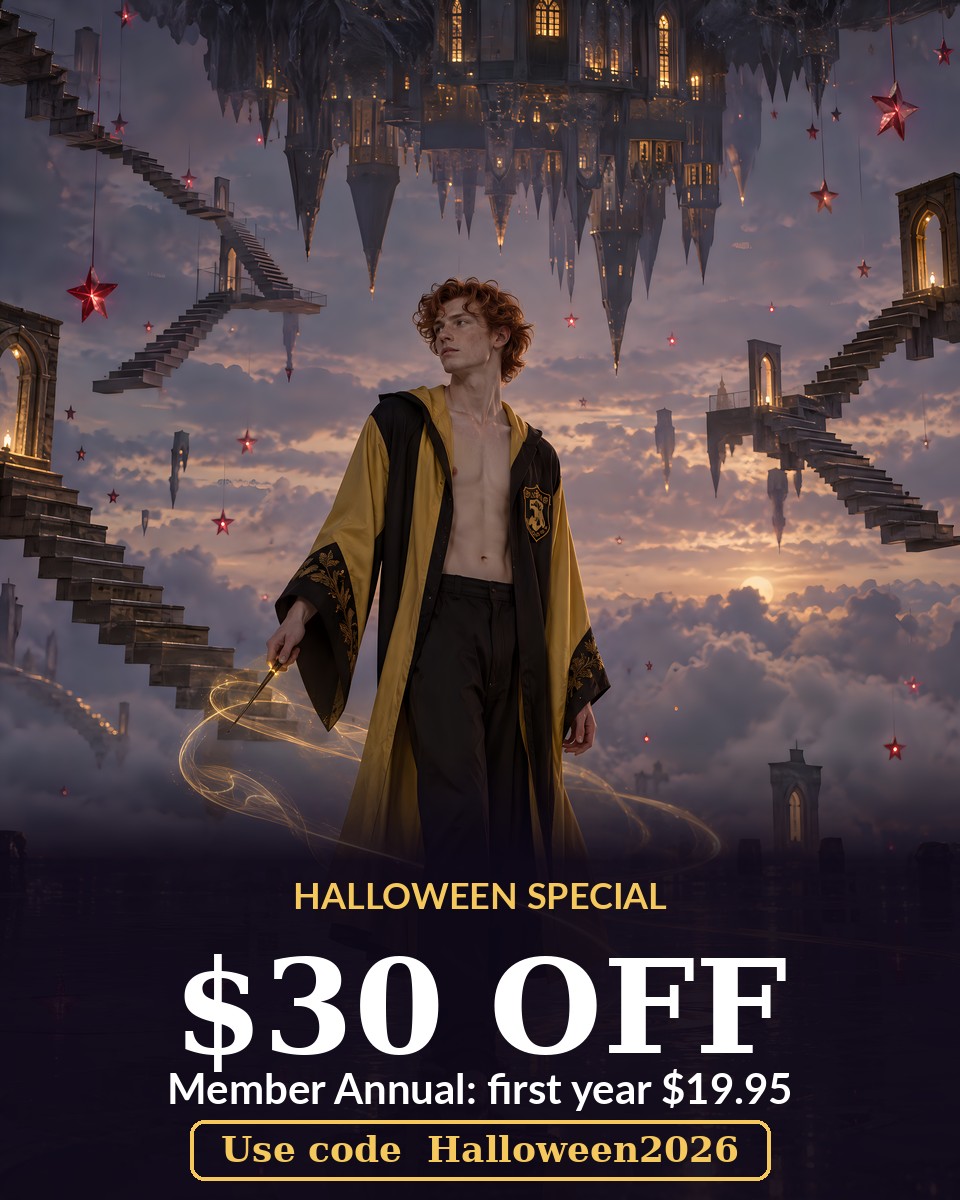 Halloween special: $30 off Member Annual with code Halloween2026, curly-haired wizard in a yellow and black robe beneath a floating castle