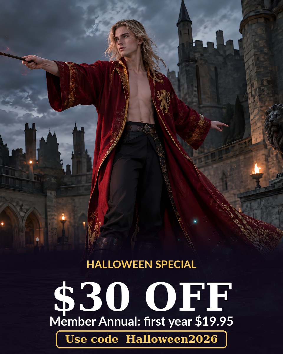 Halloween special: $30 off Member Annual with code Halloween2026, blond wizard in a crimson robe casting a red spell in a castle courtyard