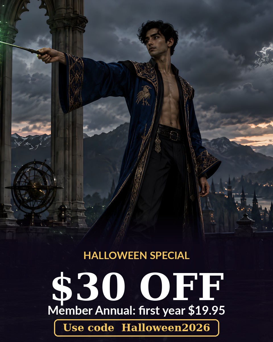 Halloween special: $30 off Member Annual with code Halloween2026, dark-haired wizard in a navy and bronze robe casting a green spell on a stone balcony