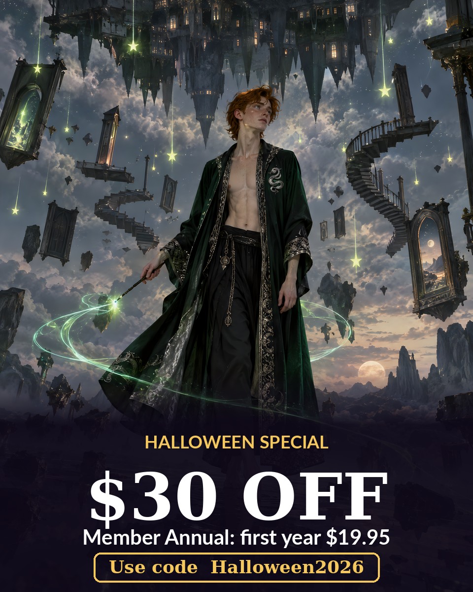 Halloween special: $30 off Member Annual with code Halloween2026, red-haired wizard in an emerald robe among floating ruins