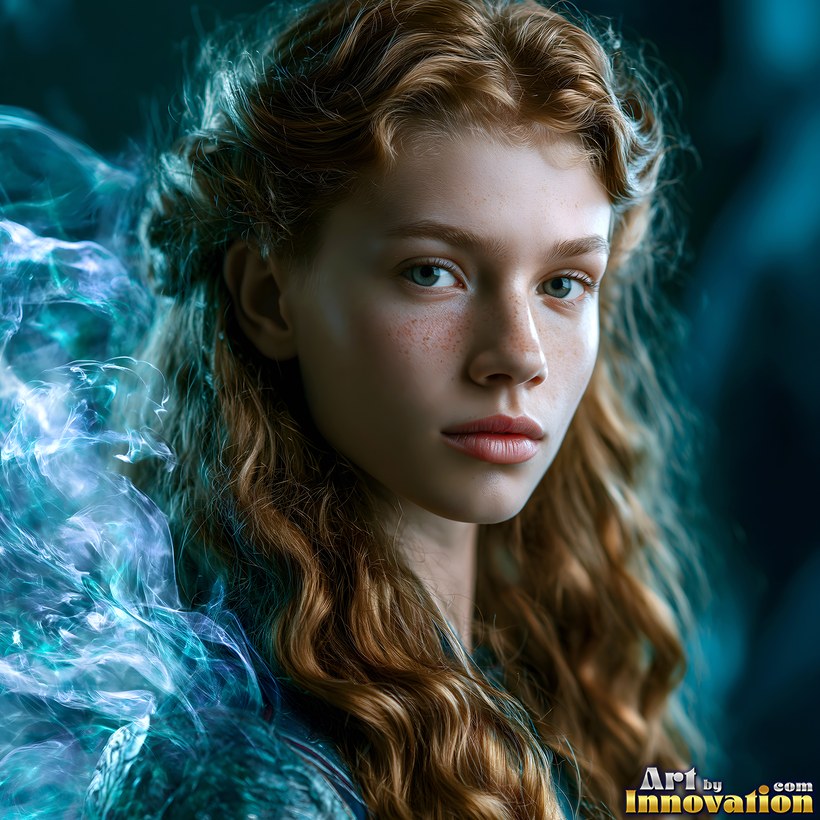 A young woman with long wavy auburn hair framed by a swirl of teal color