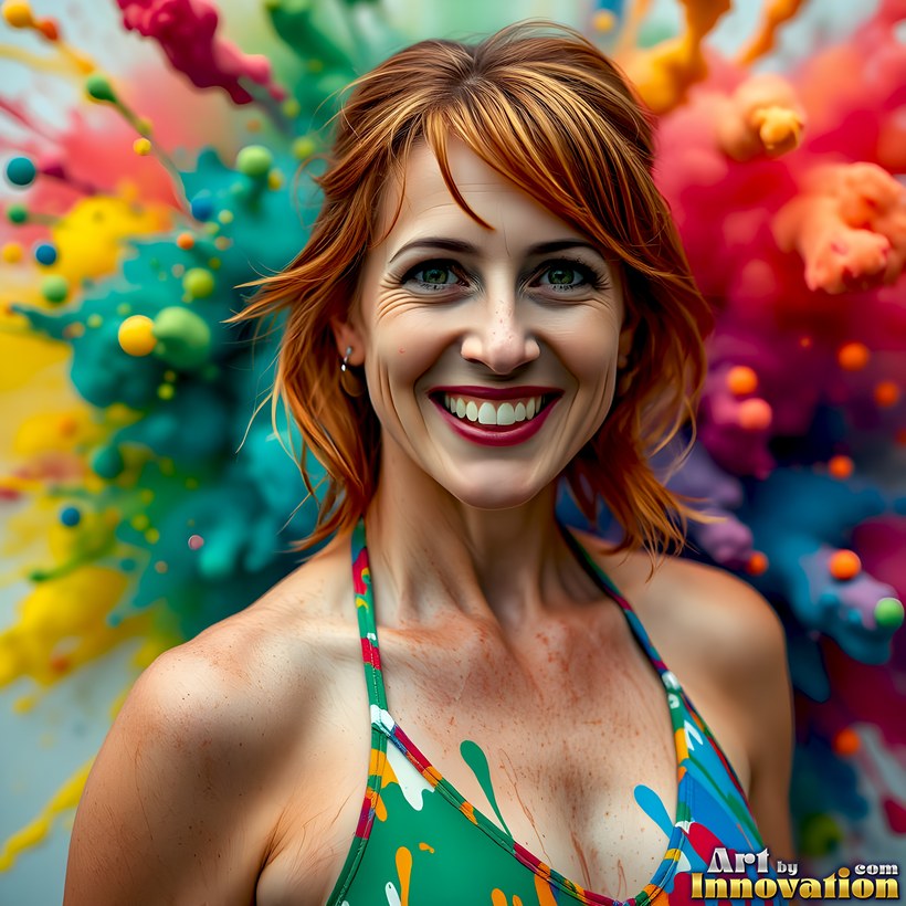 A smiling red-haired woman in a bright swimsuit as rainbow paint explodes behind her