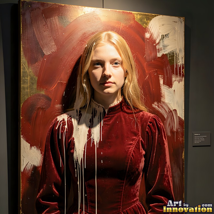 A blonde woman in red velvet stepping out of a painted canvas in a gallery, paint dripping from her sleeves