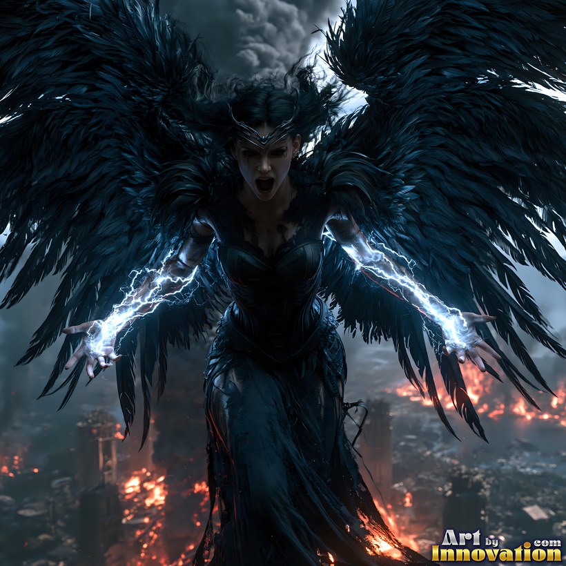 A fallen angel with vast black wings and crackling lightning above a burning city