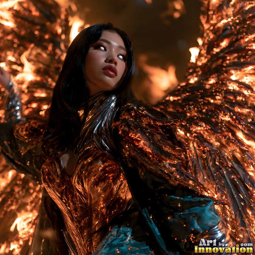 A woman with sweeping copper feathered wings glowing with warm firelight