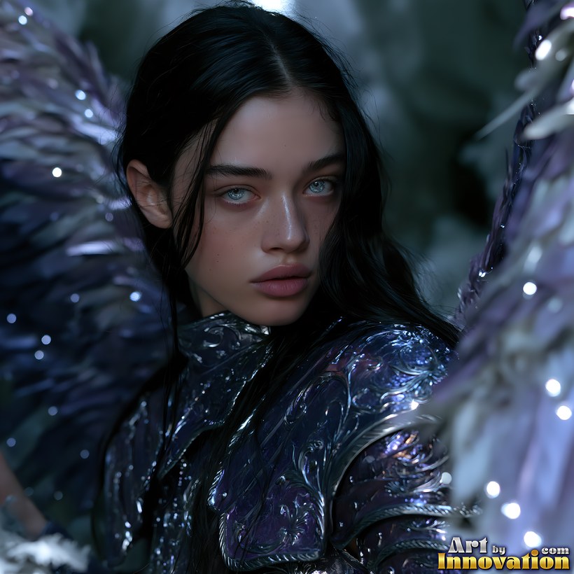A dark-haired angel in iridescent blue armor with pale eyes and shimmering wings