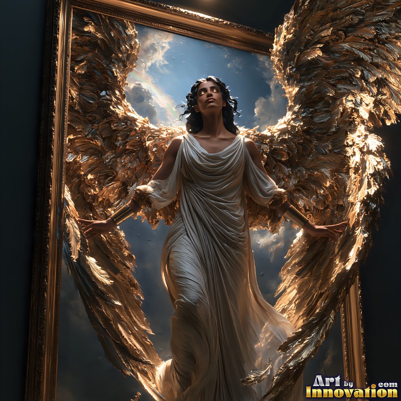 An angel in a white gown with golden wings emerging from an ornate gilded frame