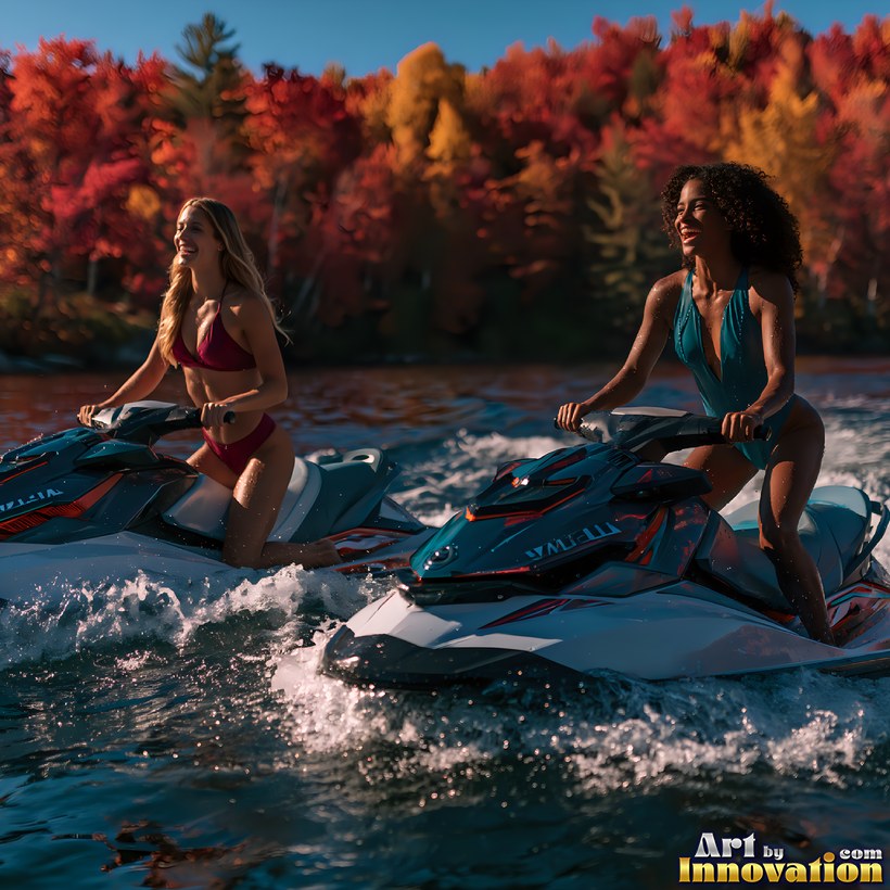 Two friends riding jet skis side by side across a river lined with red autumn trees