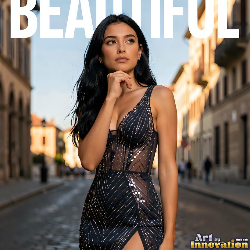 A dark-haired model in a sequined gown on a BEAUTIFUL magazine cover, a city street behind her