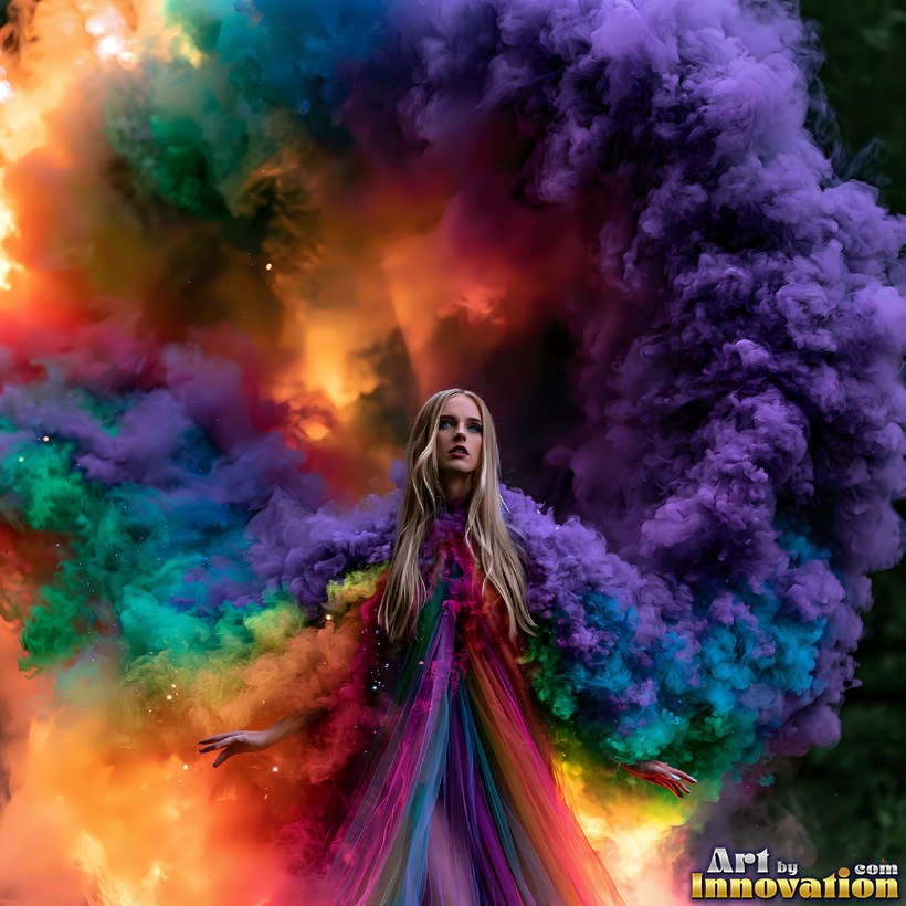 A woman in a rainbow gown standing inside a towering cloud of colored smoke
