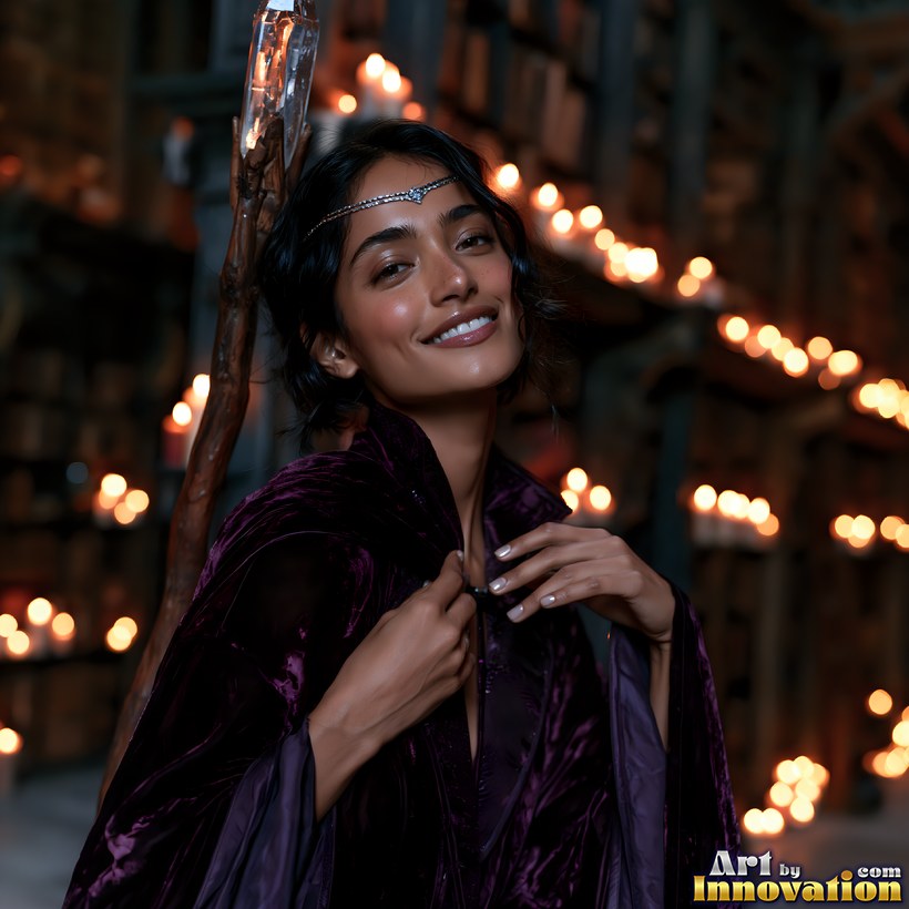 A smiling woman in a dark velvet cloak in a candlelit hall strung with Halloween lights