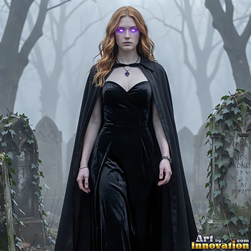 A pale woman with glowing violet eyes in a long black cloak walking through a misty graveyard