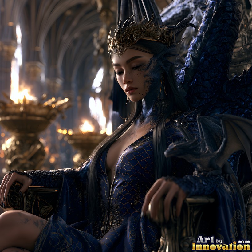 A dragon princess in dark scaled armor and a horned crown seated beside flickering flames