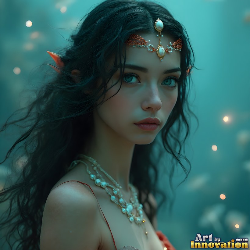 An elf woman with teal eyes, a jeweled circlet and pointed ears in soft turquoise light